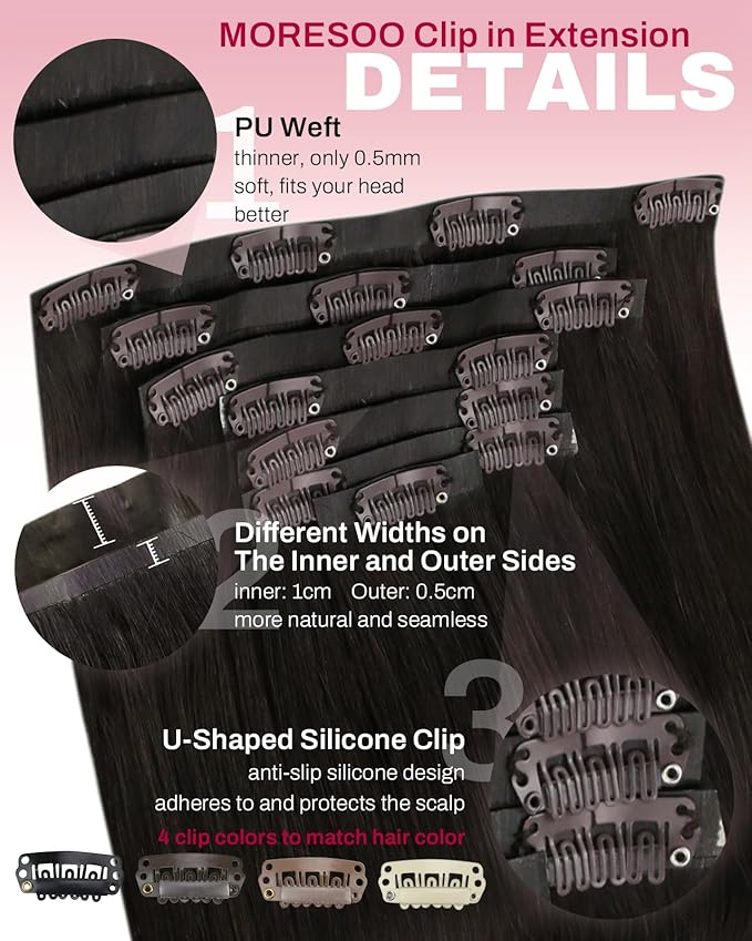 Moresoo Brown Seamless Clip in Hair Extensions Human Hair Short Darkest Brown Hair Extensions Clip ins Invisible for Women 120g/7pcs 14 inch