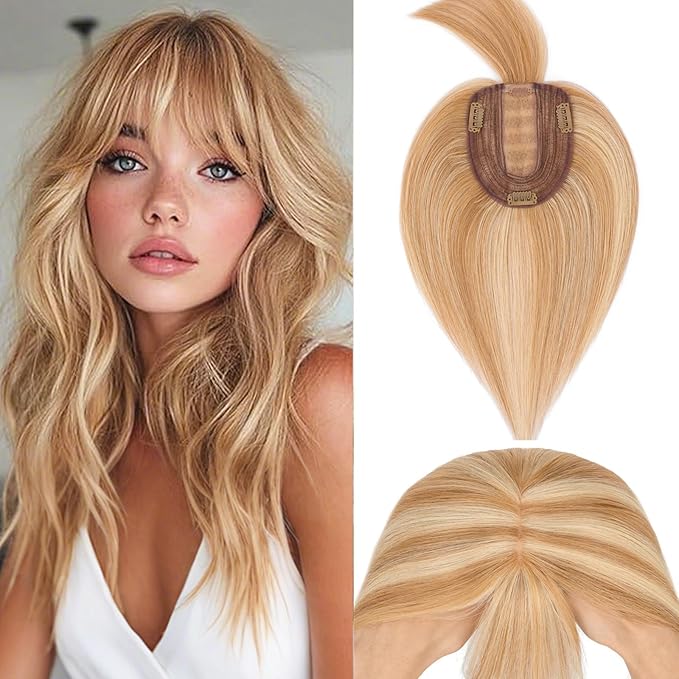 Rich Choices Real Human Hair Toppers for Women With Bang 100% Remy Human Hair Topper for Thinning Hair Clip in Silk Base Hair Topper 14 Inch #12P613 Golden Brown Mix Bleach Blonde