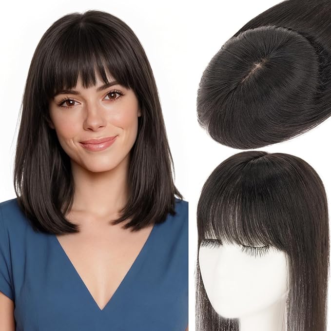 Rich Choices Human Hair Toppers for Women-100% Real Remy Hair Topper with 3D 360°Bang-Upgraded 150% Density 9 * 12CM Lace Base-Clip in Hairs topper for Thinning Hairs-10Inch #1B Natual Black