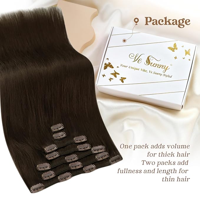 Ve Sunny Human Hair Clip in Extensions Real Hair Extensions Clip in Human Hair Dark Brown Clip in Hair Extensions 16 Inch 120g