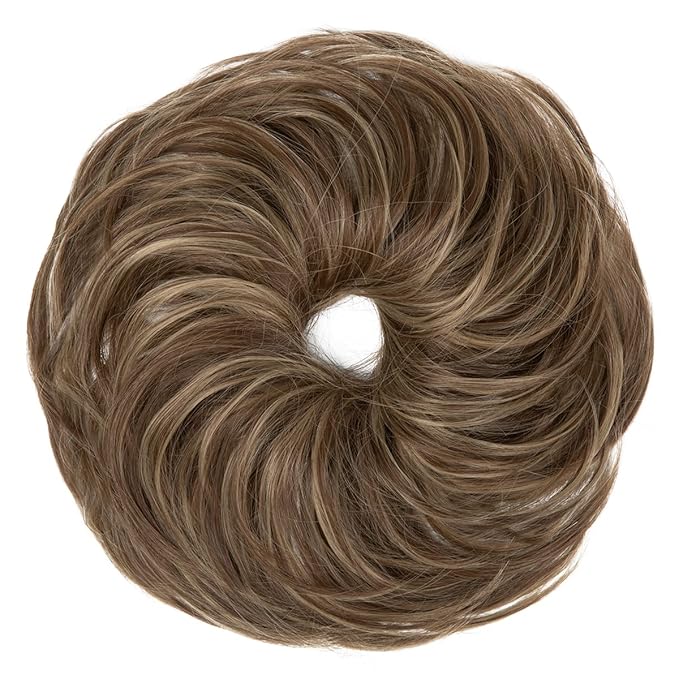 SARLA Messy Hair Bun Hair Pieces Curly Synthetic Updo Fake Scrunchies Ponytail Extension for Women Brunette/Ash Blonde Highlight 1PCS