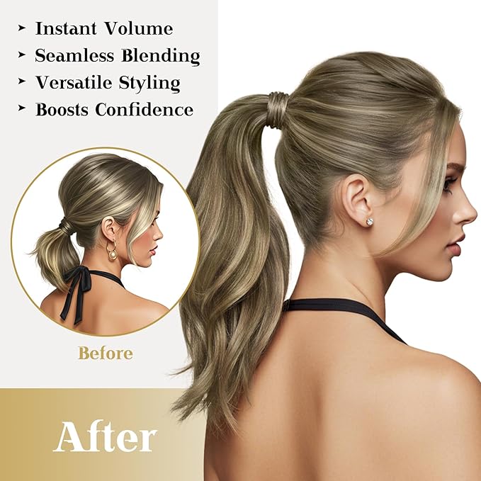 Ve Sunny Hair Extensions Ponytail Real Human Hair 80G Wrap Around Clip in Ponytail Hair Extensions Straight Extensions Human Hair for Women Walnut Brown Ombre Light Brown Balayage Blonde 14inch