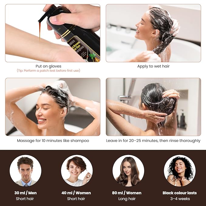Instant Dark Brown Hair Dye Shampoo for Women, Hair Color Shampoo for Gray Hair, 3 in 1-100% Gray Coverage - Natural Plant Ingredients, 16.9OZ/500ML