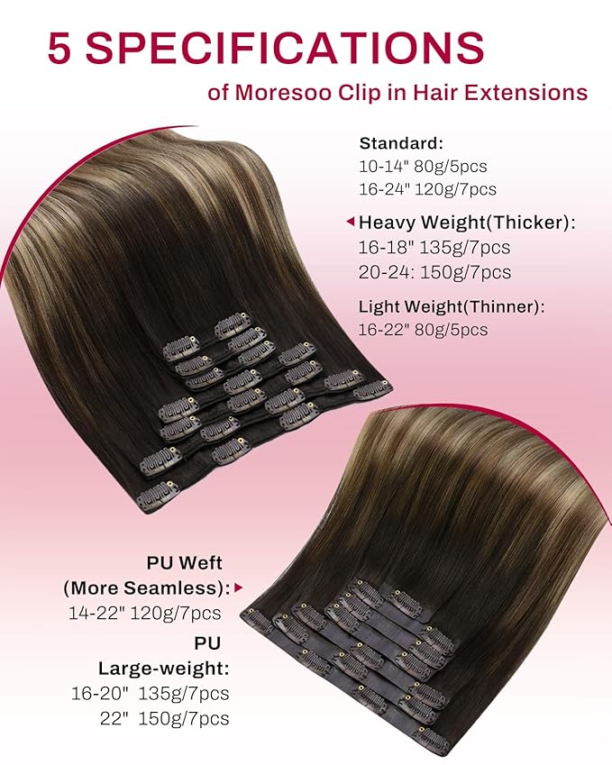 Moresoo Clip in Hair Extensions Human Hair Remy Dark Brown to Golden Brown with Dark Honey Blonde Balayage Human Hair Extensions Clip ins Remy Thick Pure Skin 135g/7pcs 16 Inch