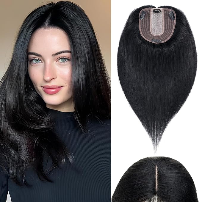 Rich Choices Hair Toppers for Women Real Human Hair 100% Human Remy Toppers NO Bangs for Women with Thinning on Top Clip in Hairpiece 4"x4.7"Lace Base 6 Inch #1 Jet Black