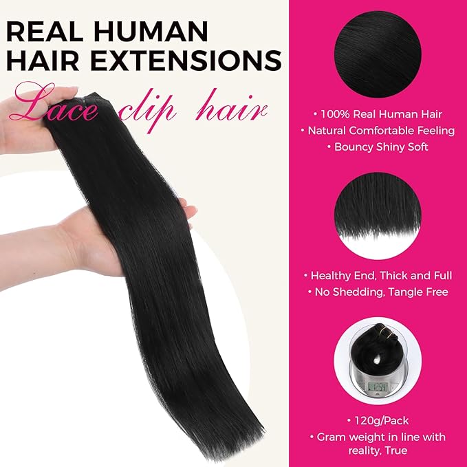 Lashey Hair Extensions Real Human Hair, 20 Inch Jet Black #1 Color 120g 7pcs, Straight Clip in Hair Extensions Real Human Hair Remy Long Hair Extensions Clip in Thick Hair for Black Women