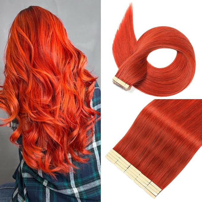 Tape in Hair Extensions, 14 Inch Human Hair, 20pcs Copper Red, Tape Ins, Real Human Hair