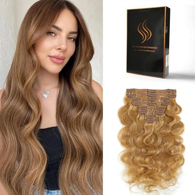 Clip in Hair Extensions Real Human Hair Body Wave 27 Honey Blonde Clip in 100% Brazilian Remy Human Hair Extensions 8pcs Per Set with 18 Clips Double Weft 16 Inch 90g/3.6oz