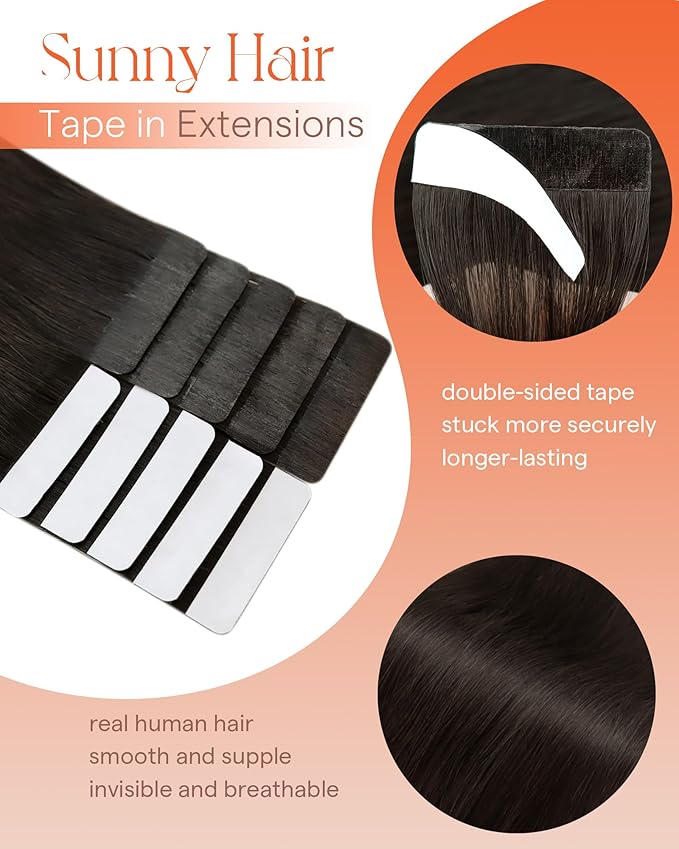 Sunny Hair Tape in Hair Extensions Real Human Hair Invisible Remy Hair Extensions Tape ins for Women Darkest Brown 14 inch 25G