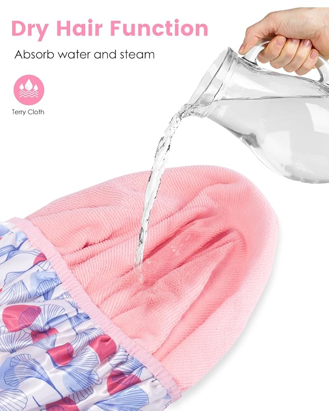 Auban Shower Cap, Shower Cap for Women Terry Cloth Lined EVA Exterior Reusable Double Layer Waterproof, Large Bath Hair Cap, Hotel Travel Essentials Accessories Cleaning Supplies (Flower)