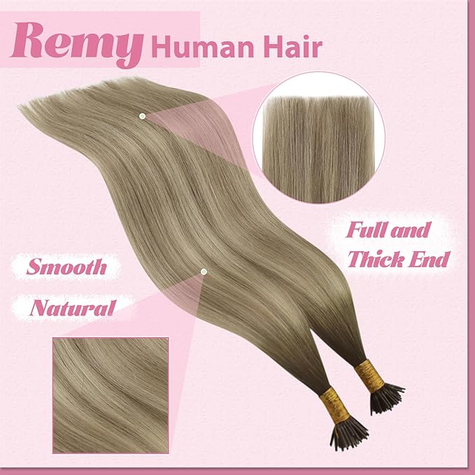 YoungSee I Tips Hair Extensions Human Hair Ombre Itips Hair Extensions Ombre Dark Brown to Light Brown with Blonde I-Tip Extension Balayage 20In Keratin Hair Extensions Volume-Adding 50s 50g