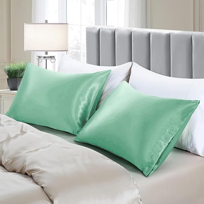 Aormenzy Satin Pillow Cases for Women King Size Set of 2, Mint Green Satin Pillowcase for Hair with Envelope Closure Silky Pillow Covers Wrinkle, Fade Resistant (20x40 Inches)