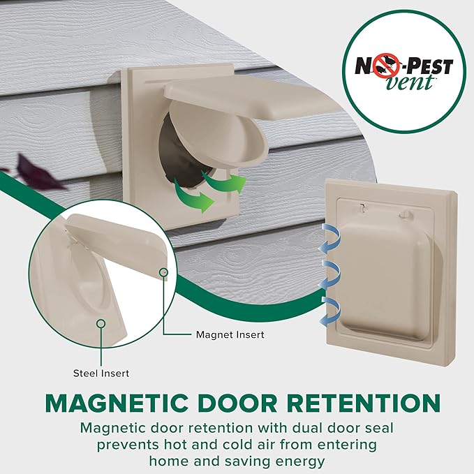 No-Pest Vent 6" Dual Door Exhaust Vent Cover – Outdoor Vent Cap for Bathroom Fans & Range Hoods – Pest Proof, Energy Efficient, Not for Dryer Use (Tan, 6 inch W/O Duct Tube)