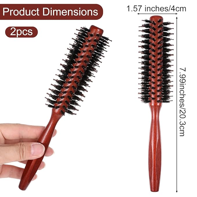 2 Pack Small Round Hair Brush Boar Bristle Roller Hairbrush Wooden Handle Volumizing Hair Brush for Blow Drying Short Thin Fine Hairs Styling Women Curling Bangs Men Beard Travel Household
