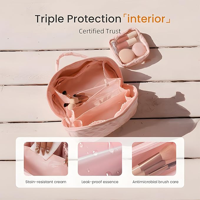 Amposei Makeup Bag Travel Toiletry Bag,Travel Makeup Bag for Women, Puffer Waterproof Cosmetic Organizer, Large Capacity Pouch Open Flat Small Toiletry Bag with Brush Compartment & Handle (Khaki)