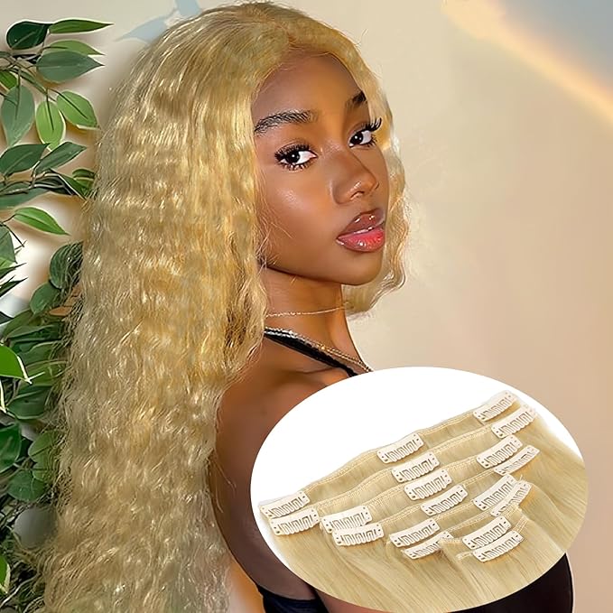 Clip in Hair Extensions Real Human Hair, Blonde 22inch 8pcs 120g Remy Kinky Clip in Hair Extensions, Clip Ins Human Hair for Women Straight Natural Human Hair Easy Application