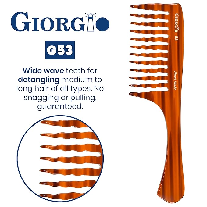Giorgio G53 Wide Tooth Comb for Curly Hair Detangler, Wide Tooth Combs for Women with Thick Hair, Large Tooth Comb For Wet Hair and Dry, Handmade Rake Comb Detangler Saw-Cut and Hand Polished (8")