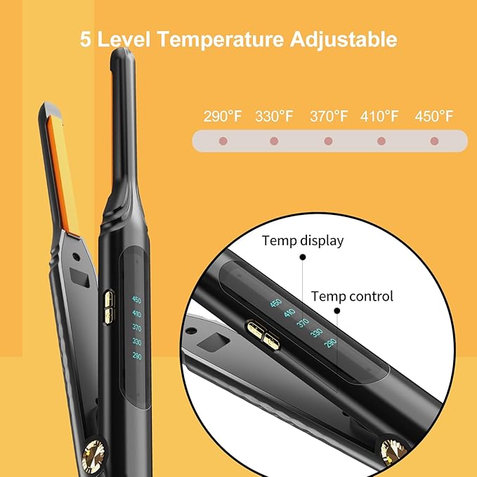 Small Flat Iron 3/10'' Mini Flat Irons for Short Hair,Pixie Cut & Bangs,Pencil Hair Straightener for Edges with LED Display,Travel Hair Straightener with Dual Voltage,Auto Shut Off（Orange）