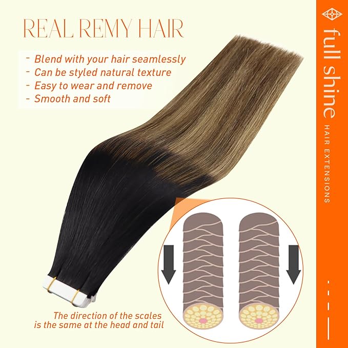 Full Shine Tape in Hair Extensions Human Hair Ombre Hair Extensions Color Off Black Fading to Chestnut Brown and Honey Blonde 20 INCH 50G Soft Remy Tape ins 20PCS for Bridal