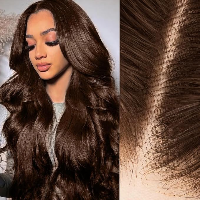 2X6 SKINLIKE HD Lace Closure Wigs Human Hair, Chocolate Brown Lace Front Wig, Body Wave Human Hair Wig Pre-Plucked Bleached Knots 250% Density HD Lace Closure Wigs 28 Inch