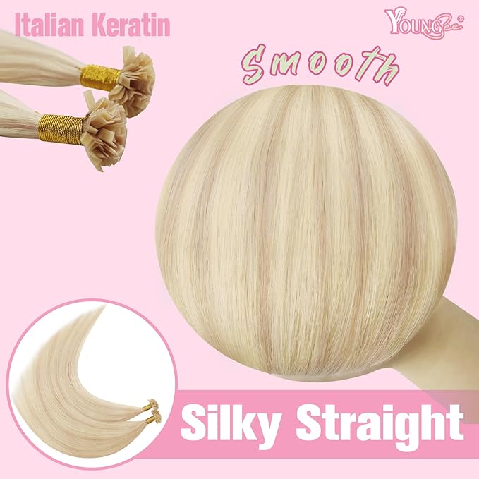 YoungSee Keratin Tip Hair Extensions Human Hair Blonde 24 Inch K Tip Hair Extensions Long Ktips Hair Extensions Human Hair Blonde Highlight Invisible Keratin Bond Hair Extensions Remy 50g #18/613
