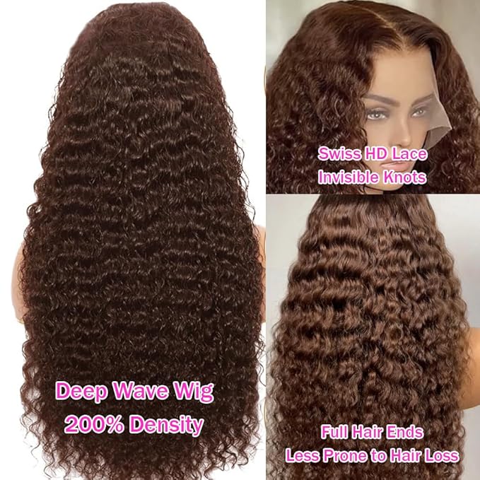 Anderah Chocolate Brown Deep Wave Lace Front Wigs Human Hair 200 Density 13x6 HD Lace Frontal Wigs Curly Human Hair Wig For Women Pre Plucked with Natural Hairline 4# Brown Color (26inch)