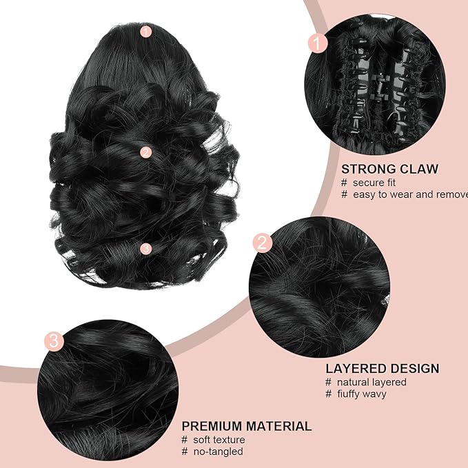 Ponytail Extension, Clip on Ponytails for Women, 9" Claw Clip in Short Curly Wavy Pony Hair Extension for Women - Black