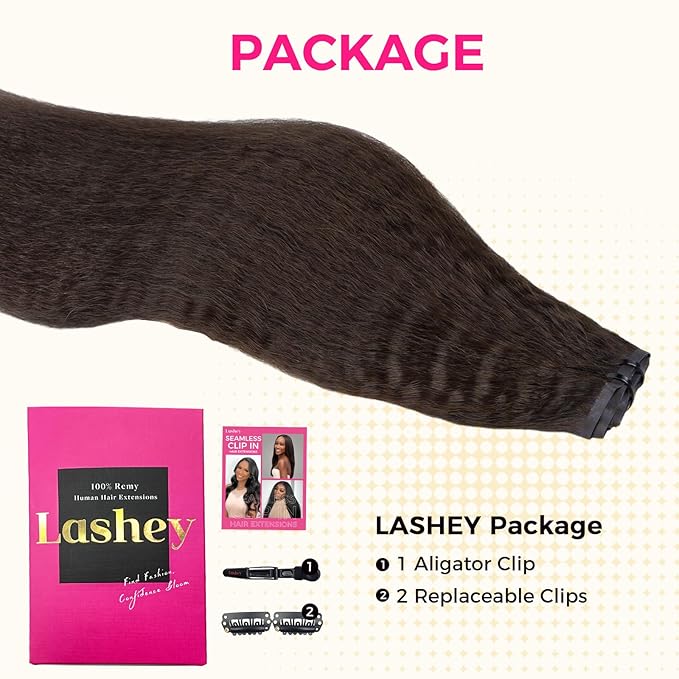 Lashey Seamless Clip in Hair Extensions Human Hair #2 Dark Brown Kinky Straight 7Pcs 110g 18inch Soft Flat PU Weft Real Human Hair Clip in for Women