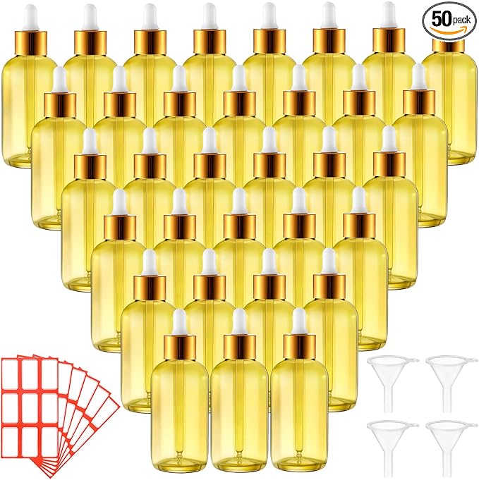 Dandat 50 Pack 4 oz Glass Dropper Bottles Leakproof 120 ml Glass Tincture Bottles with Eye Droppers, 4 Funnels, 54 Labels for Essential Oil Perfumes Hair Oil(Yellow)