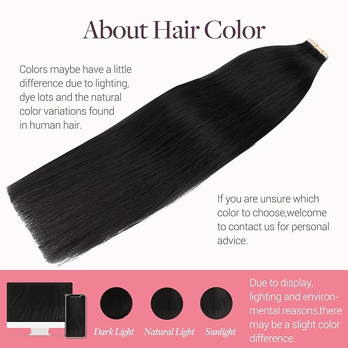 GOO GOO Tape in Hair Extensions Human Hair, 1B Natural black, 14inch 50g 20pcs, Skin Weft Seamless Invisible, Silky Straight with Thick Ends, Remy Human Hair