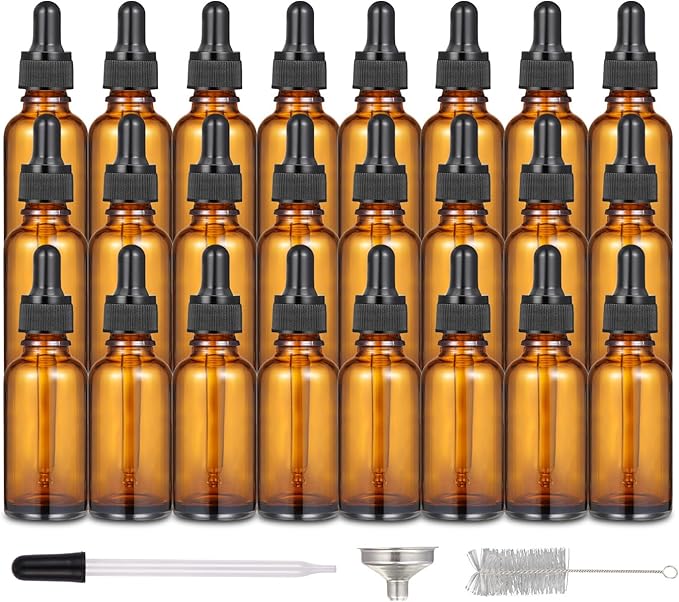 24 Pcs 1 oz Amber Glass Dropper Bottles, Leak-Proof Tincture Bottles with 2 Stainless Steel Funnel, 1 Extra Dropper, 48 Stickers & 1 Brush for Essential Oils, Perfume, Hair Oil, Travel Liquids