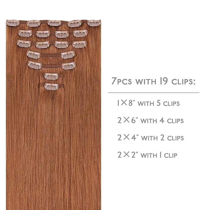 WENNALIFE Clip in Hair Extensions Real Human Hair, 12 Inch 80g 7pcs Remy Hair, Cinnamon Terra Copper Straight Natural Extensiones De Cabello Humano Con Clip Ins