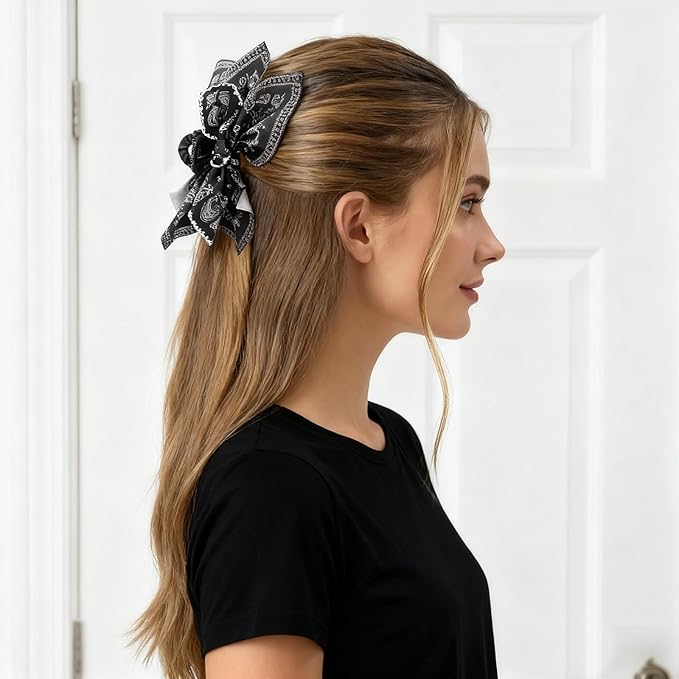 2Pcs Bow Claw Clips Boho Bandana Hair Bow Butterfly Styling Large Hair Clips for Women Large Claw Clips for Thick Hair (White+Black)