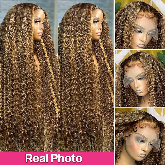 CYNOSURE 30 Inch 4/27 Highlight Deep Wave Lace Front Wigs Human Hair 13x5 Ombre Honey Blonde Jerry Curly Wig HD Transparent Lace Frontal Wigs Pre Plucked with Baby Hair 180% Density