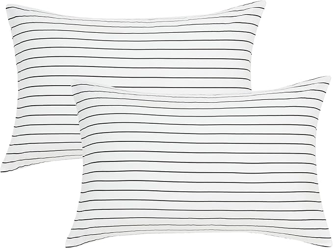 JELLYMONI 100% Natural Cotton Striped Standard Pillowcases Set, 2 Pack White with Thin Black Stripes Pattern Printed Pillow Covers with Envelope Closure (Pillows are not Included)