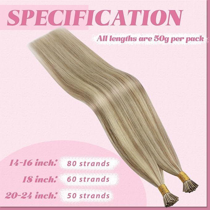 YoungSee I Tip Extensions Highlight Golden Blonde and Blonde Itip Human Hair Extensions Blond Itip Hair Extension Real Human Hair 16 Inch Keratin Tip Hair Extension Easy to Wear 80s 50g for Girls