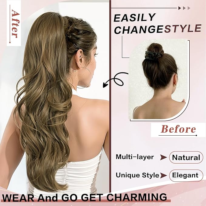 Ponytail Extension, Drawstring Ponytail Extension for Women 26 Inch Long Wavy Brown Pony Tails Hair Extensions Synthetic Clip in Ponytail Hairpiece for Women(12/8)