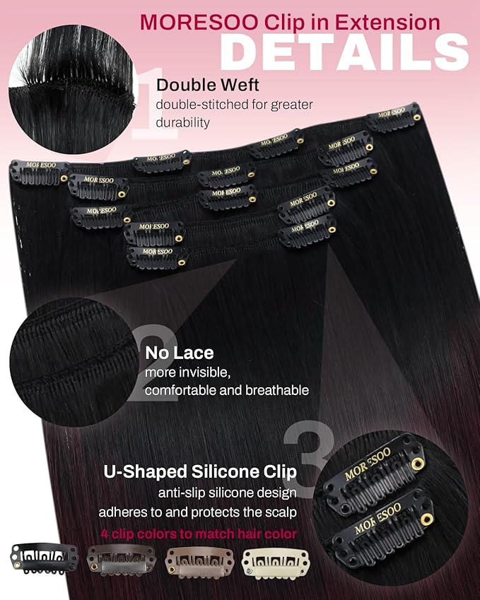 Moresoo Dark Red Clip in Hair Extensions Human Hair Black to Burgundy Balayage for Women Ombre Natural Black to Deep Red Hair Extensions Clip ins Short 10inch Double Weft 80g/5pcs