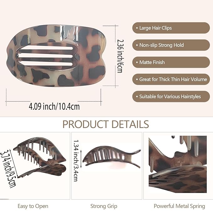 Large Flat Hair Clips Oval Claw Clips for Women Girls Thick Medium Thin Hair 4 Pcs Strong Hold Barrettes Duckbill Hair Accessories Leopard Tortoise Shell Matte Solid Neutral Color (4pc mix -5)