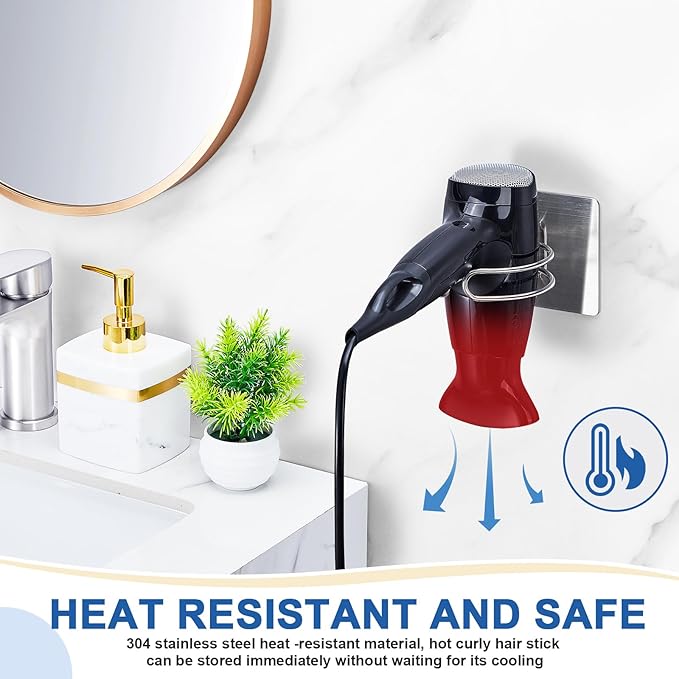 Blow Dryer Holder Wall Mounted, Hair Dryer Holder Stand for Most Hair Dryers Organizer and Storage, Self Adhesive Hairdryer Hanger Rack for Bathroom and Cabinet, Silver