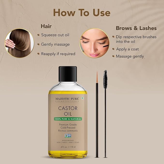 Majestic Pure Castor Oil with Applicator - 100% Pure & Natural - Premium Grade, Cold Pressed, Hexane Free - Hair, Eyelashes, Eyebrows, Nails - Moisturizing & Nourishing - 4 Fl Oz