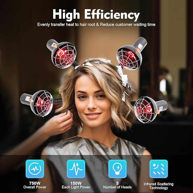 5-Head Salon Hair Steamer - 750W Infrared Heat Lamp, Standing Infrared Heater, Adjustable 47-63" Height for Perm & Hair Care (Black)