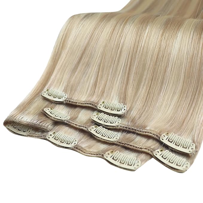 YoungSee Clip in Human Hair Extension Highlight Blonde Clip in Hair Extension Ash Blonde Highlights Bleach Blond Real Human Hair Extensions Clip ins Soft Remy Hair 120G 16In 7Pcs