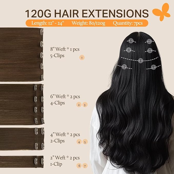 DOORES Hair Extensions Clip in Human Hair, Chocolate Brown 18 Inch 120g 7pcs, Clip in Extensions Straight Natural Thick Weft