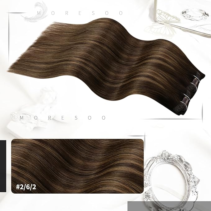Moresoo Clip in Hair Extensions Real Human Hair Balayage Dark Brown to Chestnut Brown Human Hair Extensions Clip ins Long 16 inch Full Head for Women 120g/7pcs