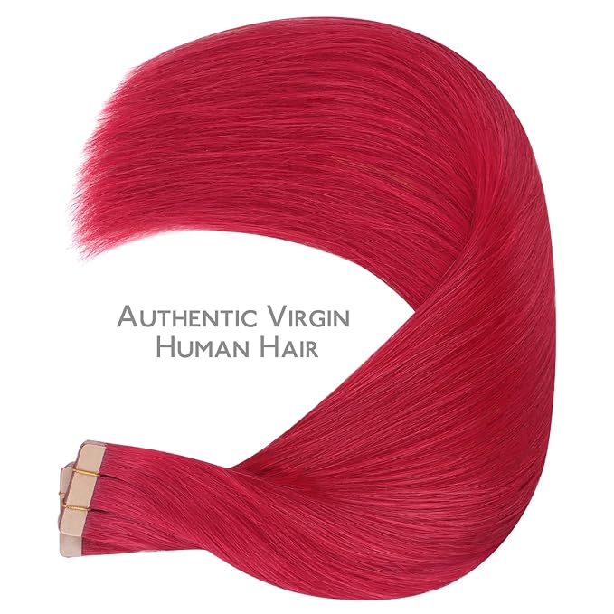 WENNALIFE Tape in Hair Extensions, 40pcs 80g 12 Inch Red Human Hair, Straight Invisible Reusable Real Extensions