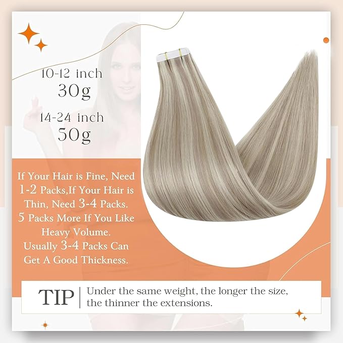 Full Shine Blonde Tape in Hair Extensions 16Inch Tape ins Real Human Hair Extensions Highlight Color 18 Ash Blonde Mix With 613 Seamless Real Human Hair Double Side Tapes Extensions 50G Tape ins 20Pcs