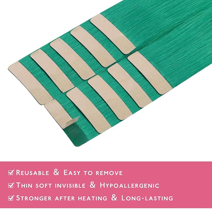 Wennalife Tape in Hair Extensions Human Hair Green Tape in Extensions, 10pcs 25g 14 inch Remy Invisible Tape Ins Straight Colored Soft Real Human Hair Tape in Extensions Refill Set Extensions