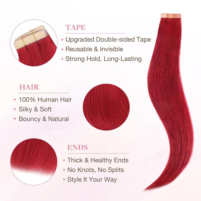GOO GOO Tape in Hair Extensions Human Hair, Red, 18inch 25g 10pcs, Colored Tape ins Human Hair Extensions, Silky&Soft Invisible Tape Ins, Hair Highlighted for Party