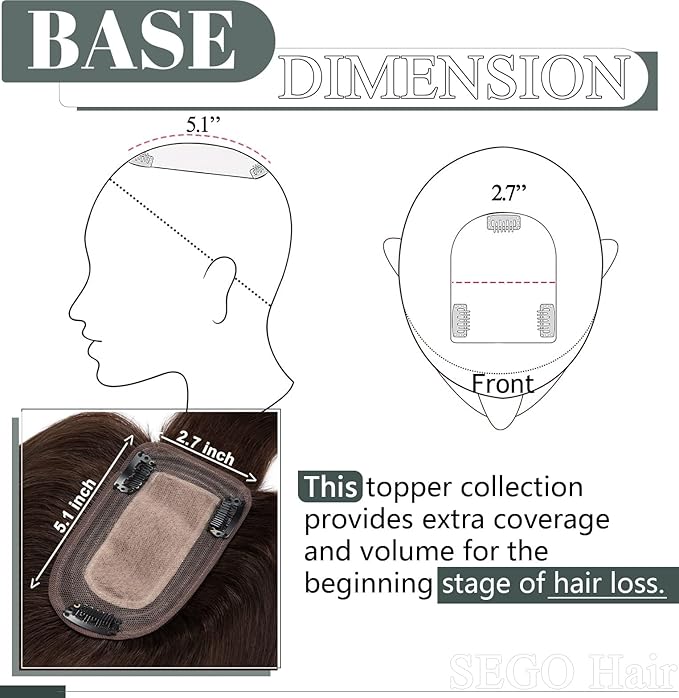 SEGO Hair Toppers for Women Real Human Hair, Clip In Topper Pieces with Front Bangs for Thinning Hair, Straight, 150% Density, Silk Base, 8 Inches,#2 Dark Brown